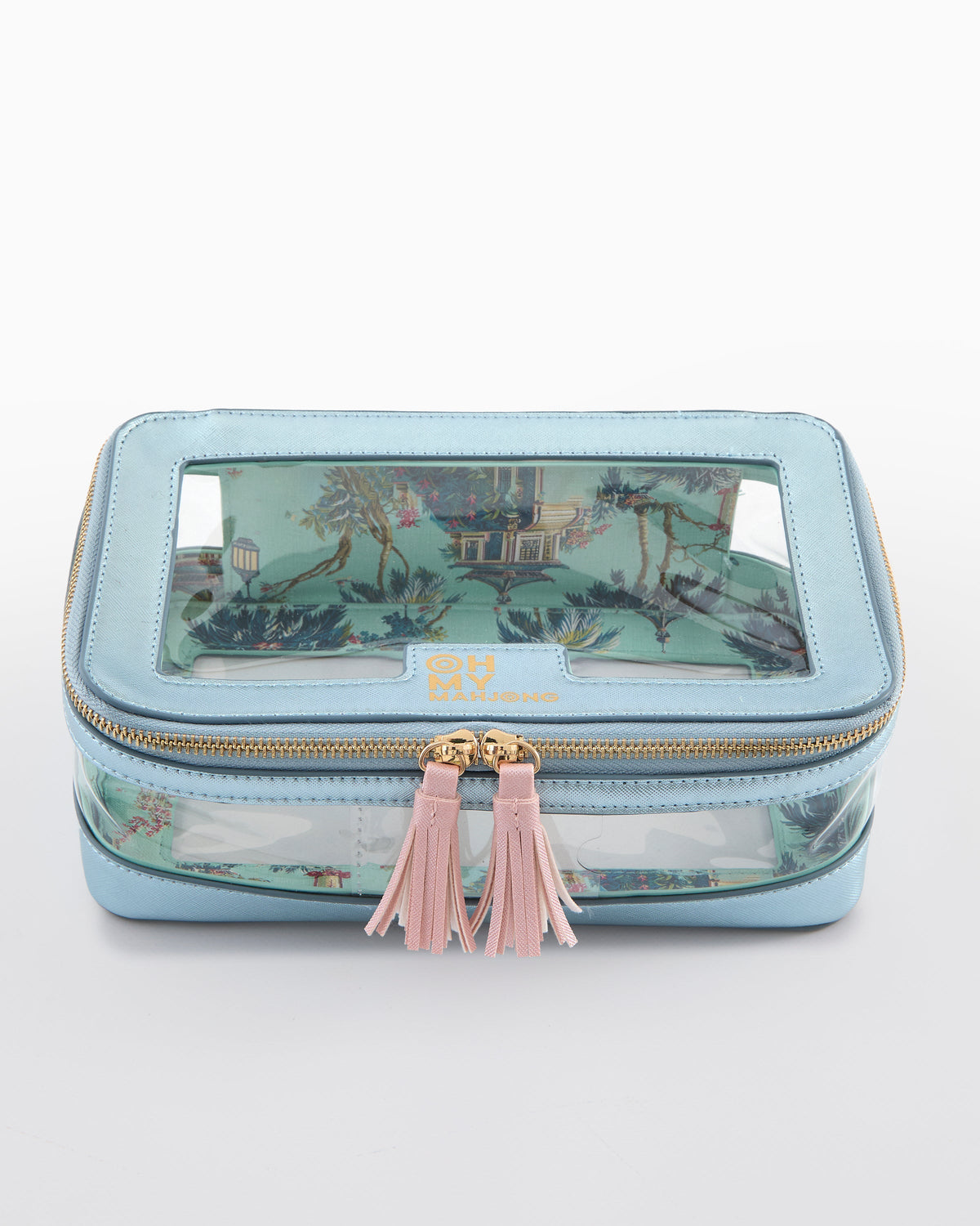 Oh My Mahjong Metallic Light Blue tile storage bag with clear window and peach tassel pulls