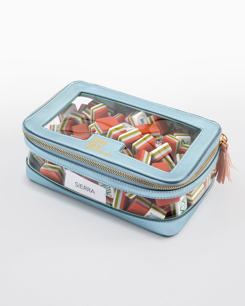 Metallic Light Blue tile storage bag filled with mahjong tiles; tiles sold separately