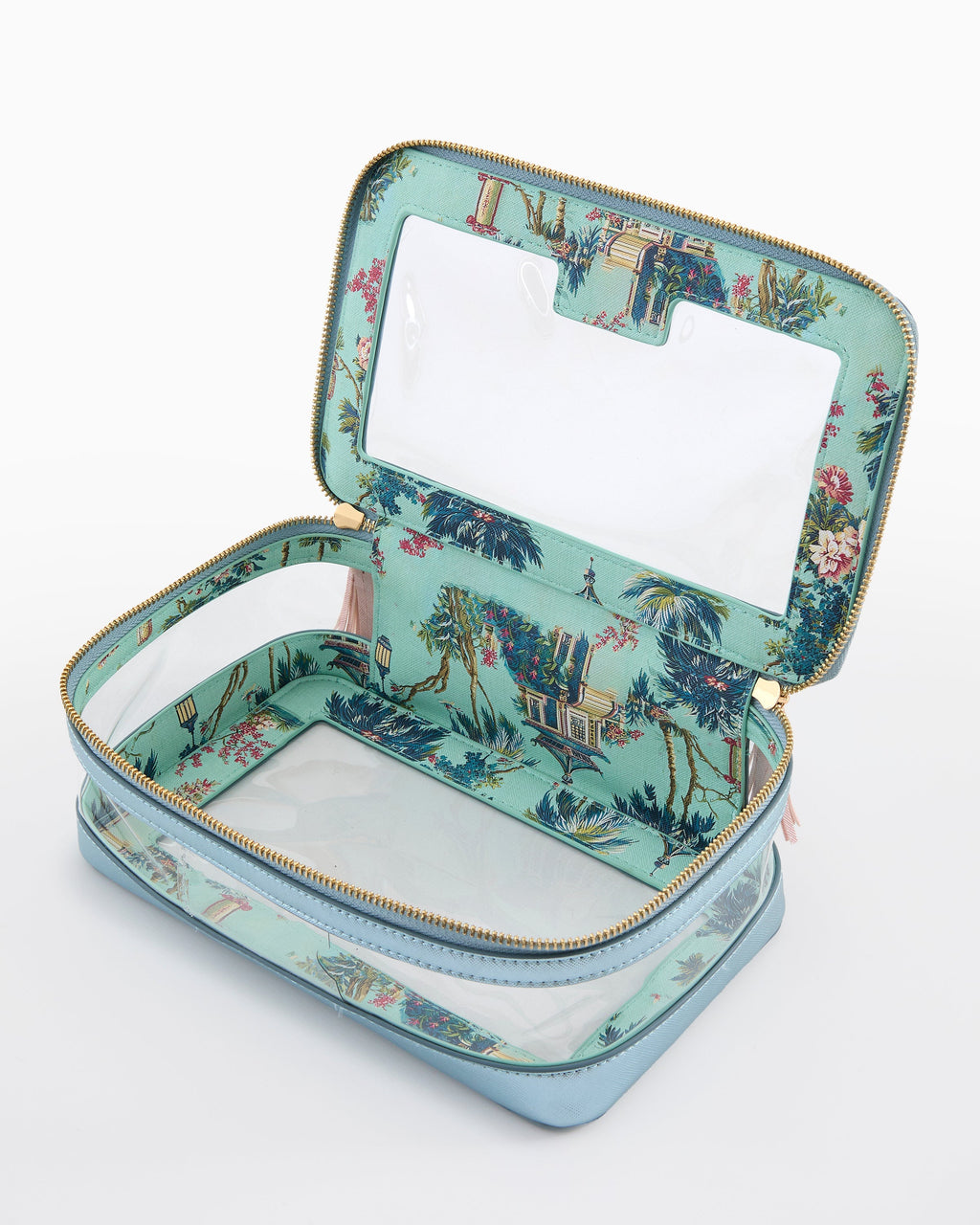 Metallic Light Blue tile storage bag open showing patterned lining