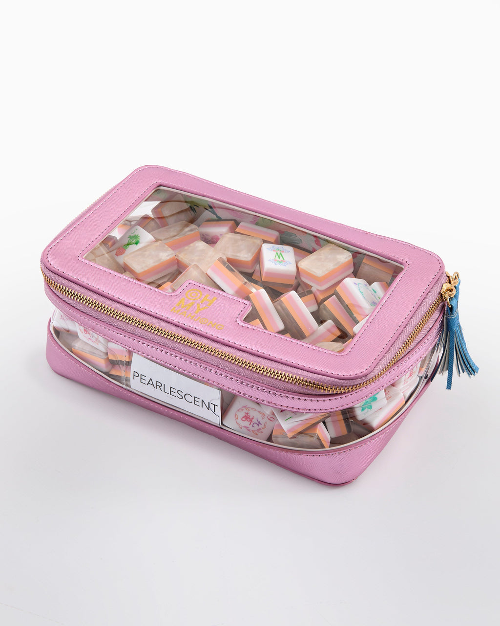 Metallic Light Pink tile storage bag filled with mahjong tiles; tiles sold separately