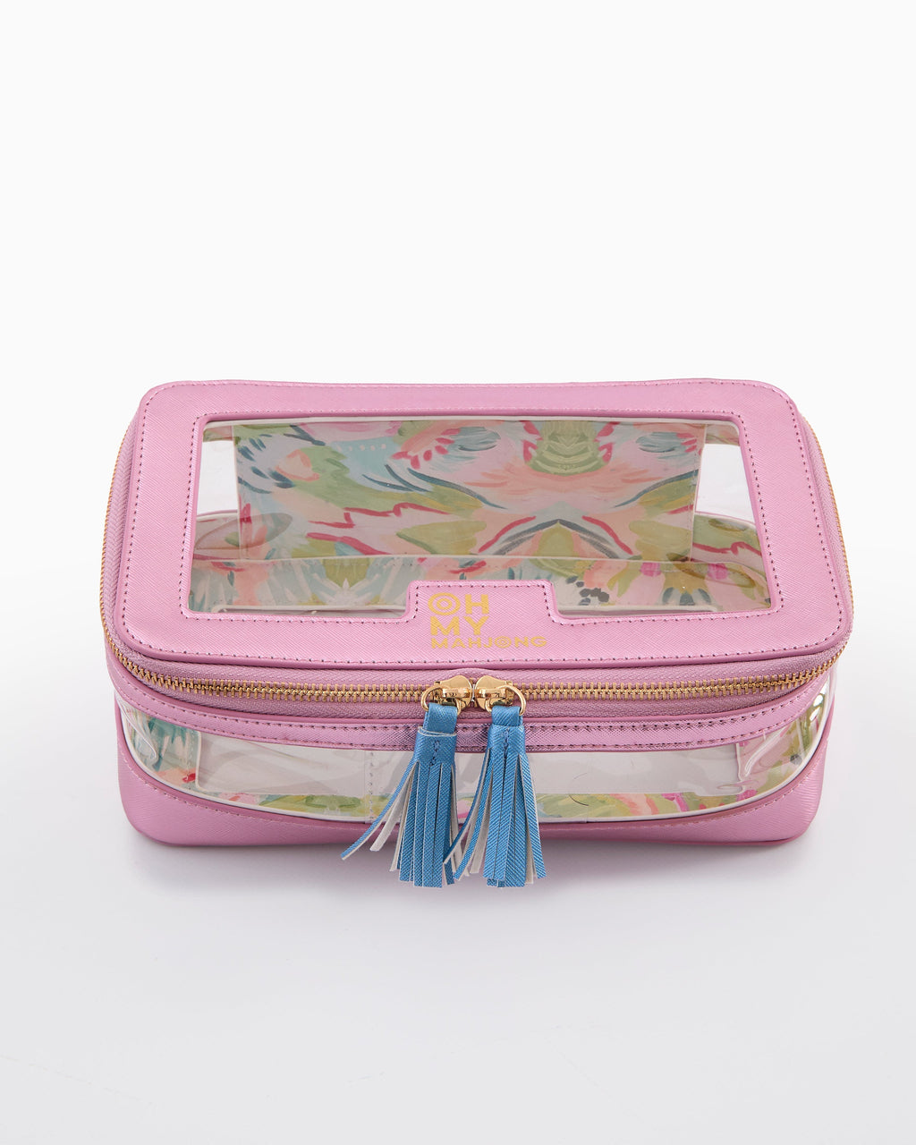 Oh My Mahjong Metallic Light Pink tile storage bag with clear window and tassel zipper pulls