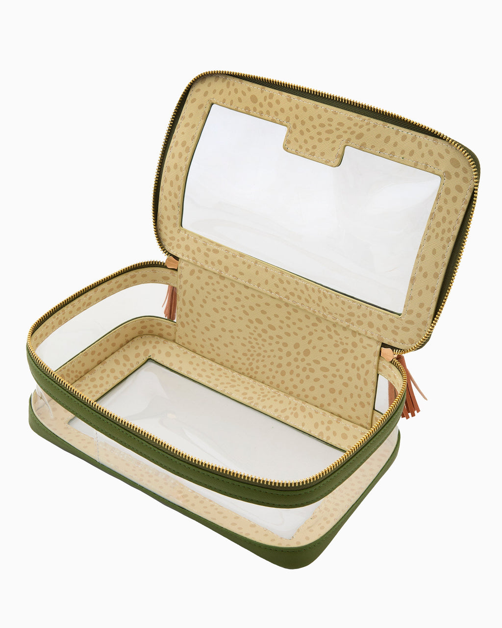 Olive tile storage bag open showing lining