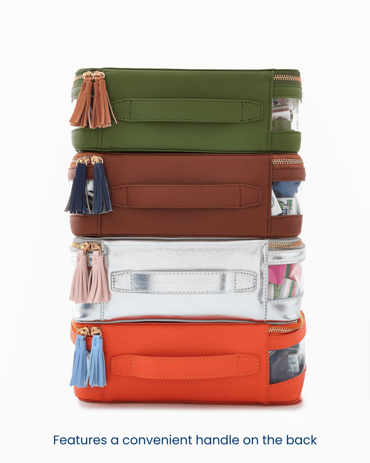 Stack of Oh My Mahjong tile storage bags in several colors showing the back handle
