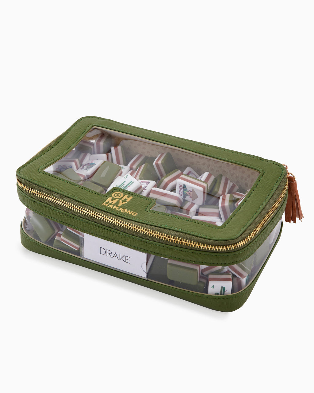 Olive tile storage bag filled with mahjong tiles; tiles sold separately