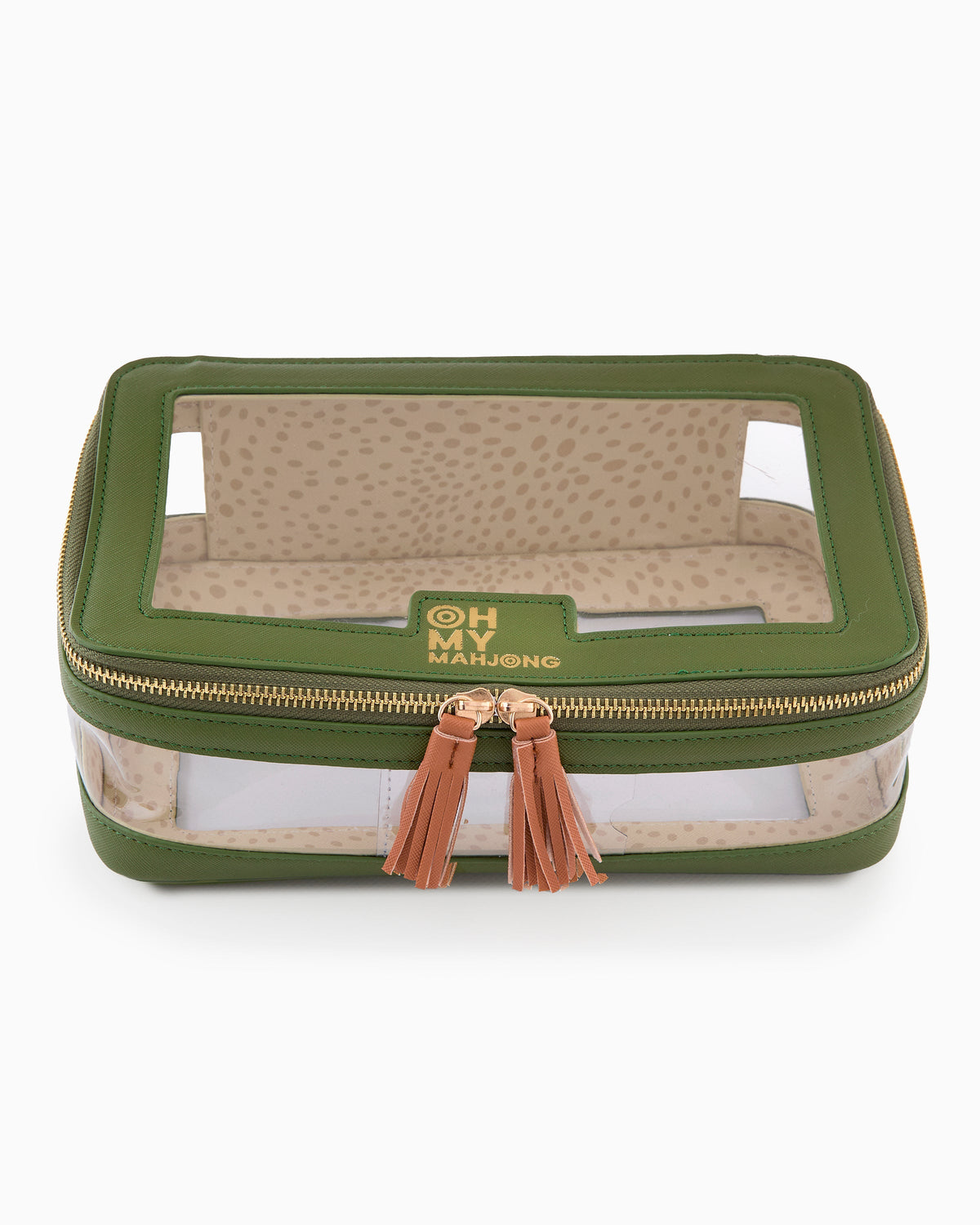 Oh My Mahjong Olive tile storage bag with clear window and tassel zipper pulls