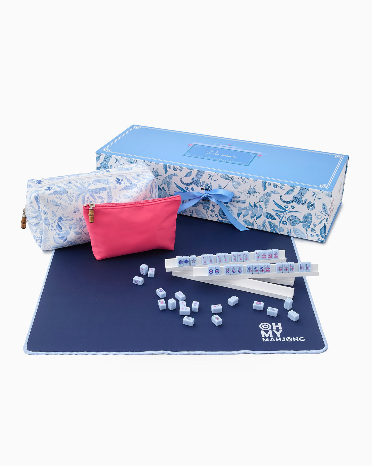 Oh My Mahjong Parisian Travel Set with blue toile bag, navy mat, racks, and tiles