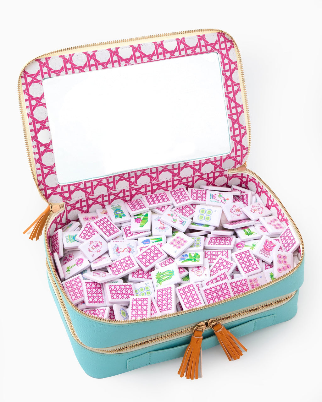 Poppy Debutante travel bag open with tiles and racks inside