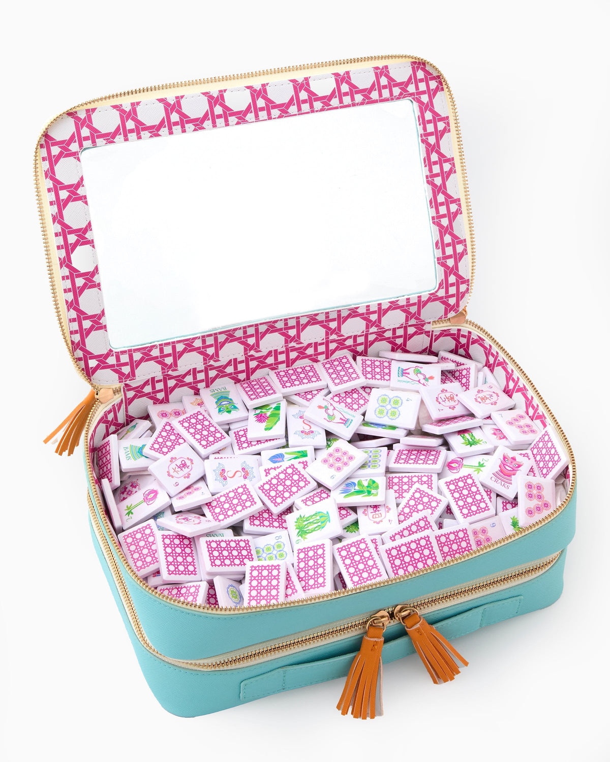 Poppy Debutante travel bag open with tiles and racks inside