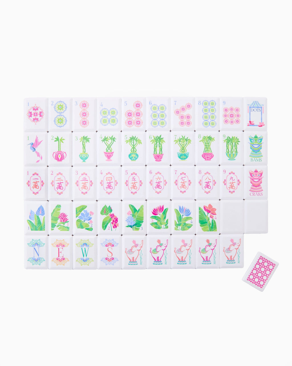 Poppy Debutante pink mahjong tiles laid out by suit