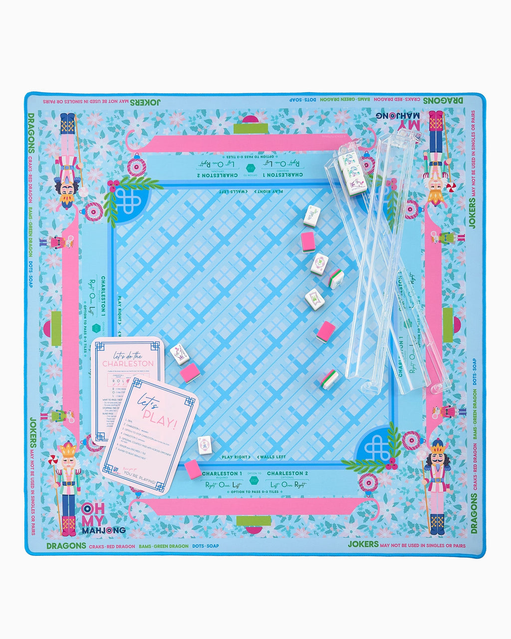 Sugarplum mahjong mat set up with racks; tiles and racks sold separately