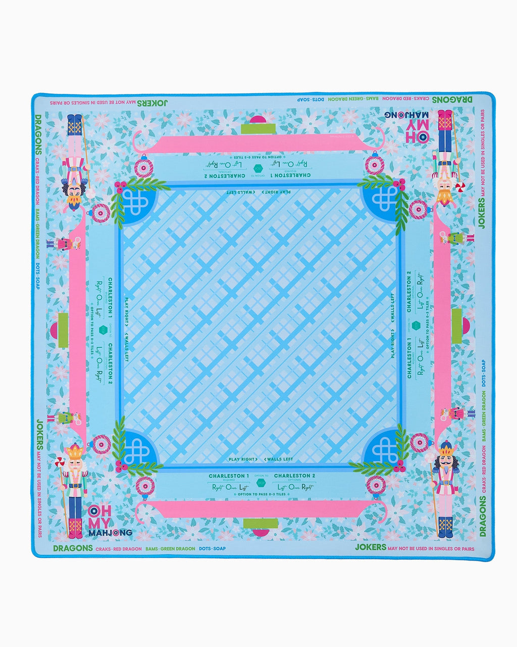Oh My Mahjong Sugarplum holiday mahjong mat laid flat, nutcrackers and florals in pink, blue, and green