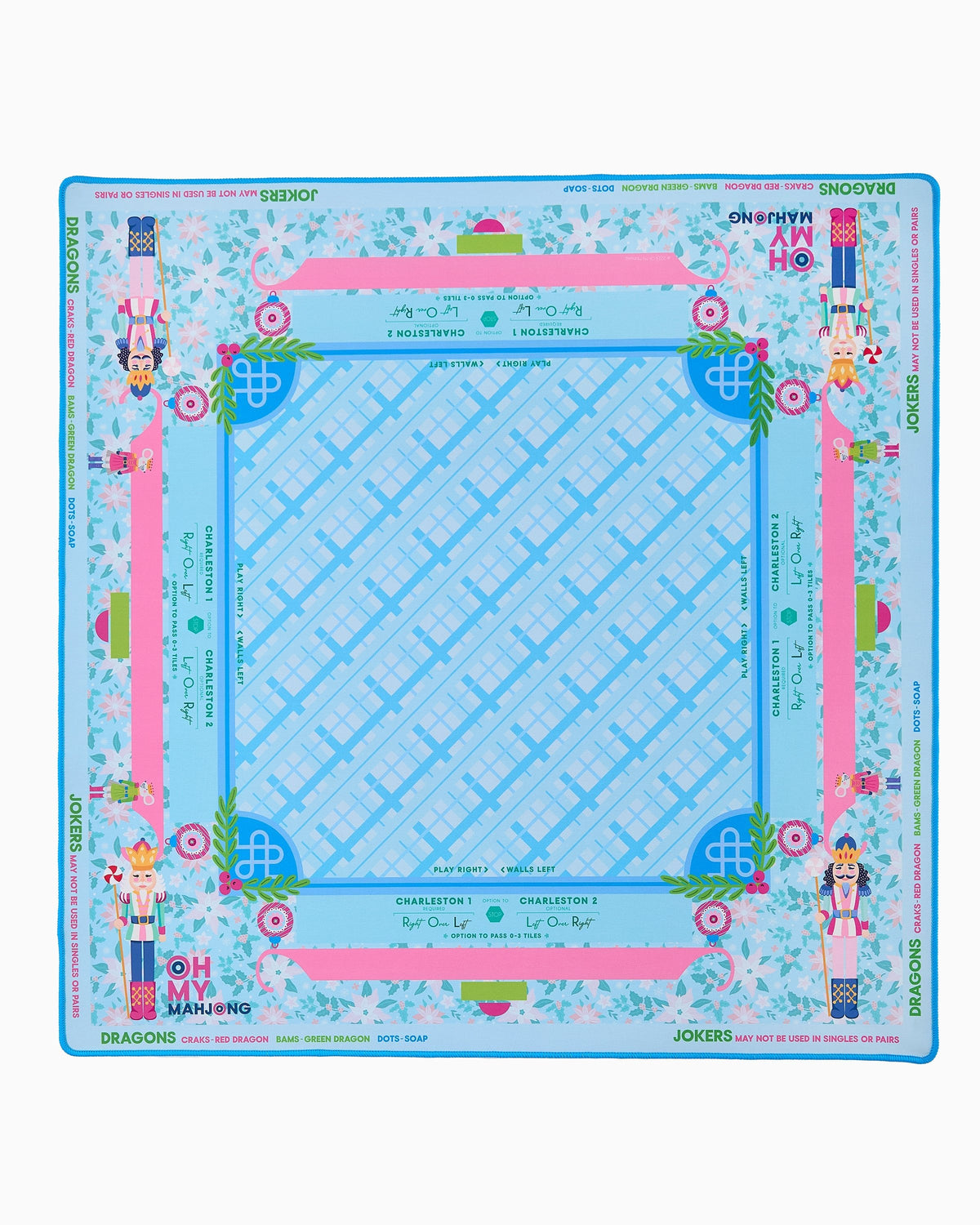 Oh My Mahjong Sugarplum holiday mahjong mat laid flat, nutcrackers and florals in pink, blue, and green