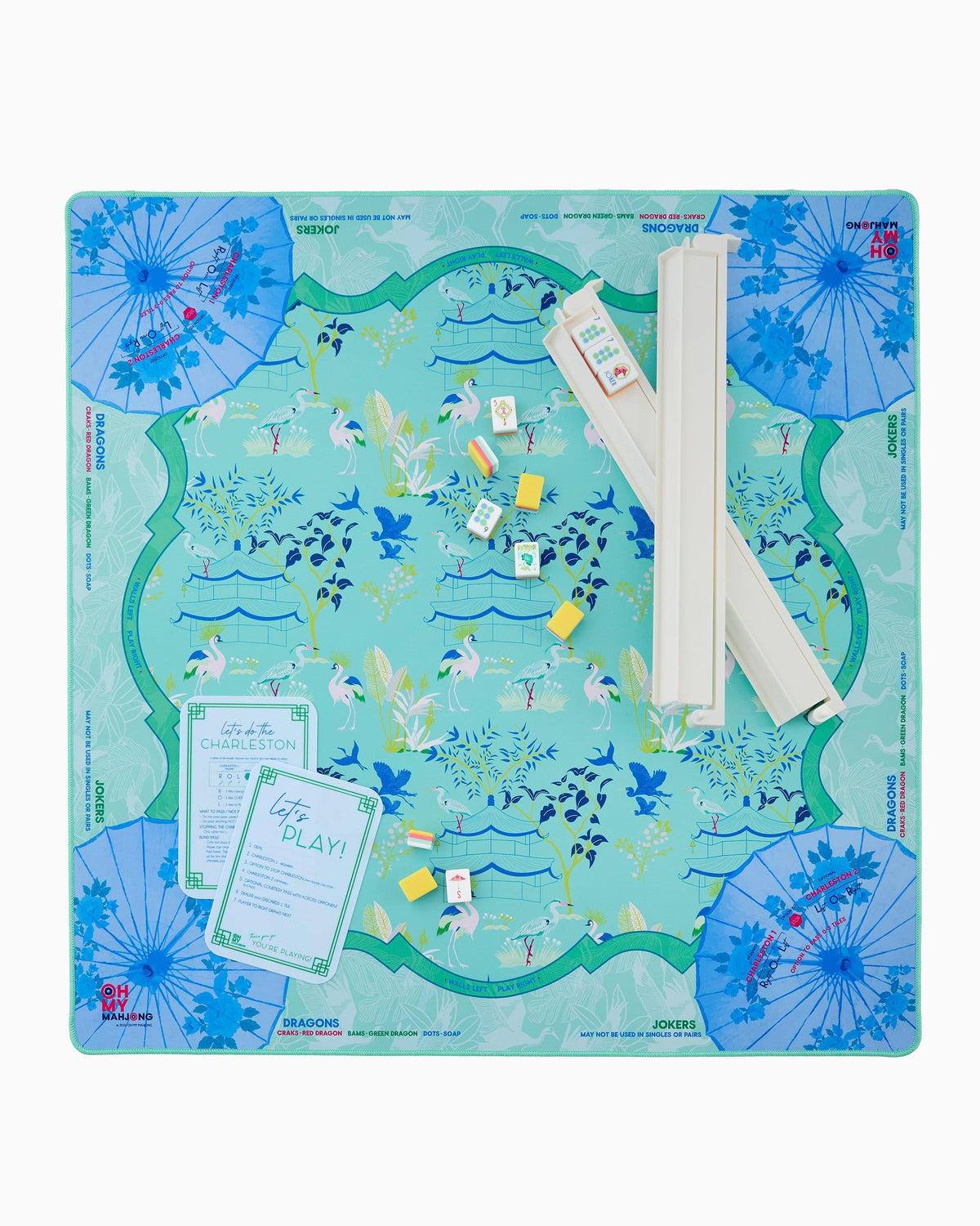 Veranda mahjong mat set up with racks; tiles and racks sold separately