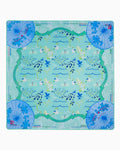 Oh My Mahjong Veranda mahjong mat laid flat, cranes and parasols in soft green and blue