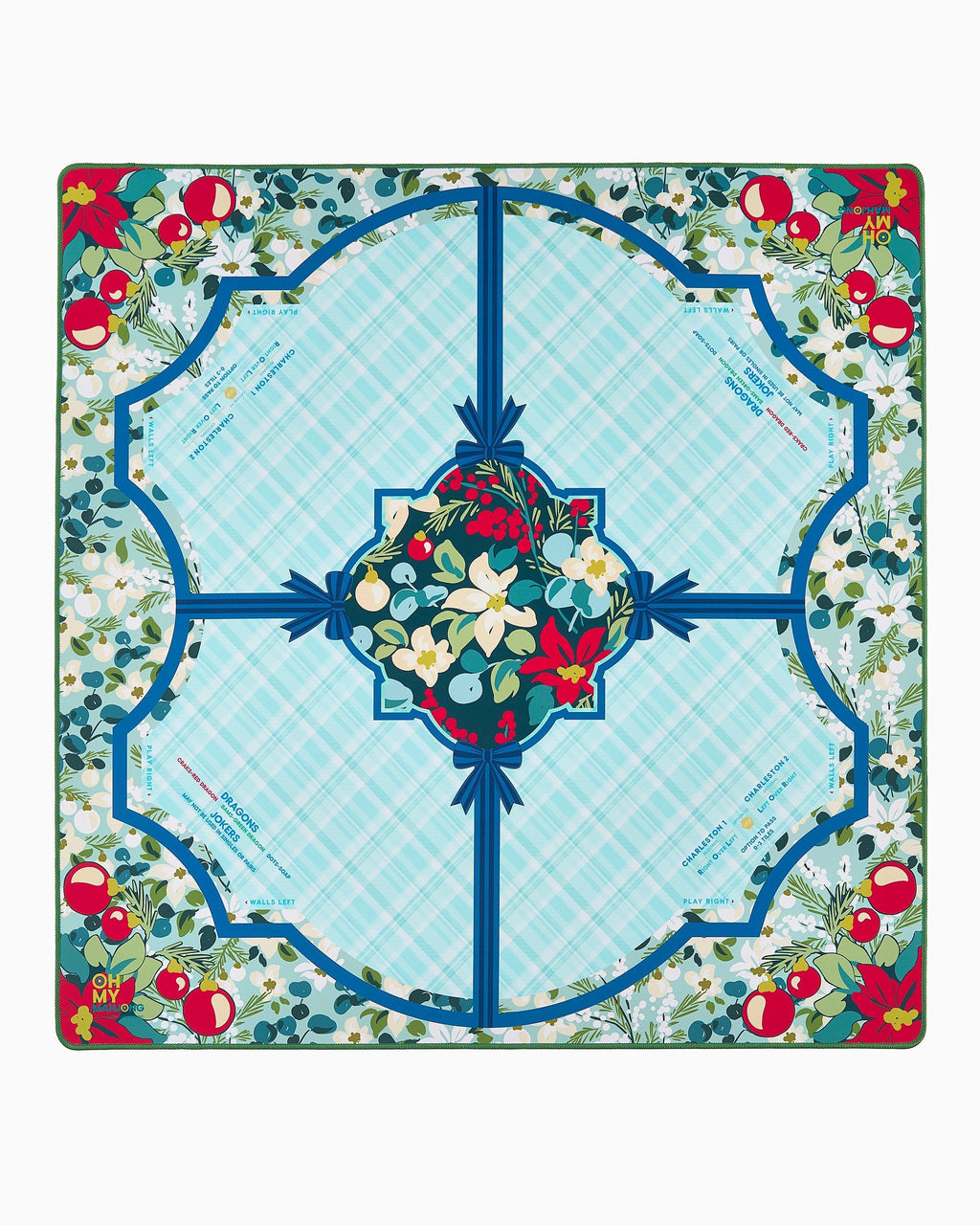 Oh My Mahjong Winterberry holiday mahjong mat laid flat with winter greenery and berries