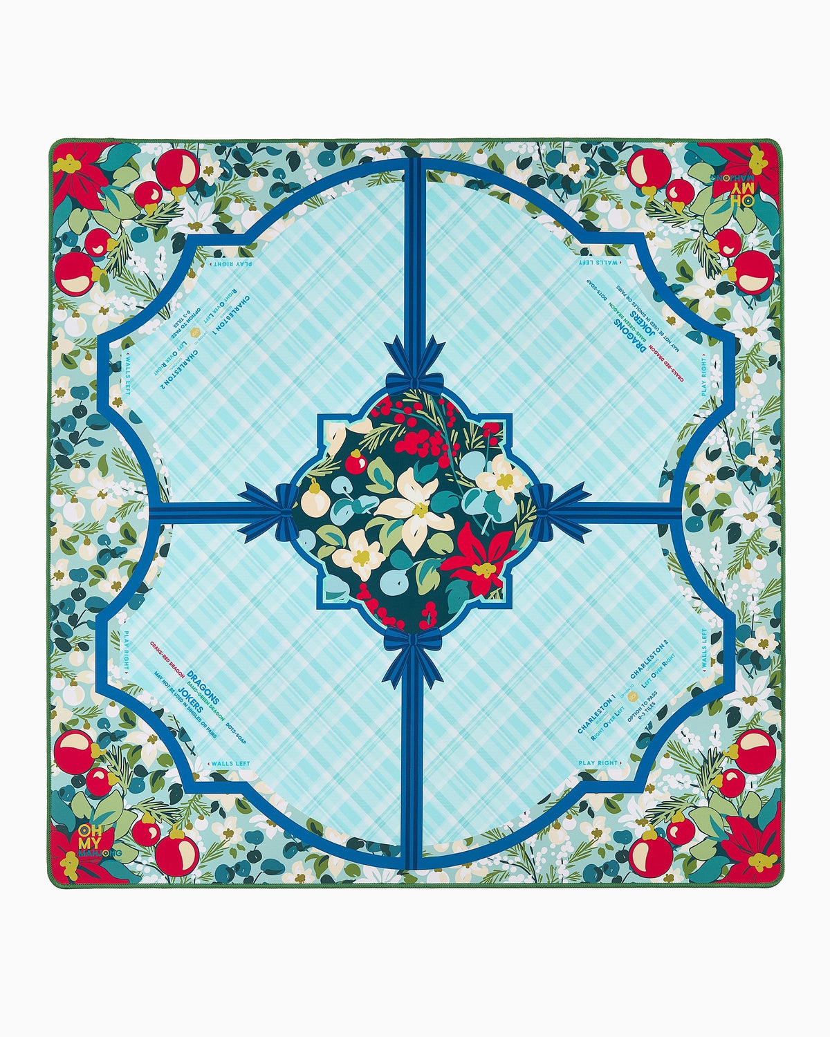 Oh My Mahjong Winterberry holiday mahjong mat laid flat with winter greenery and berries