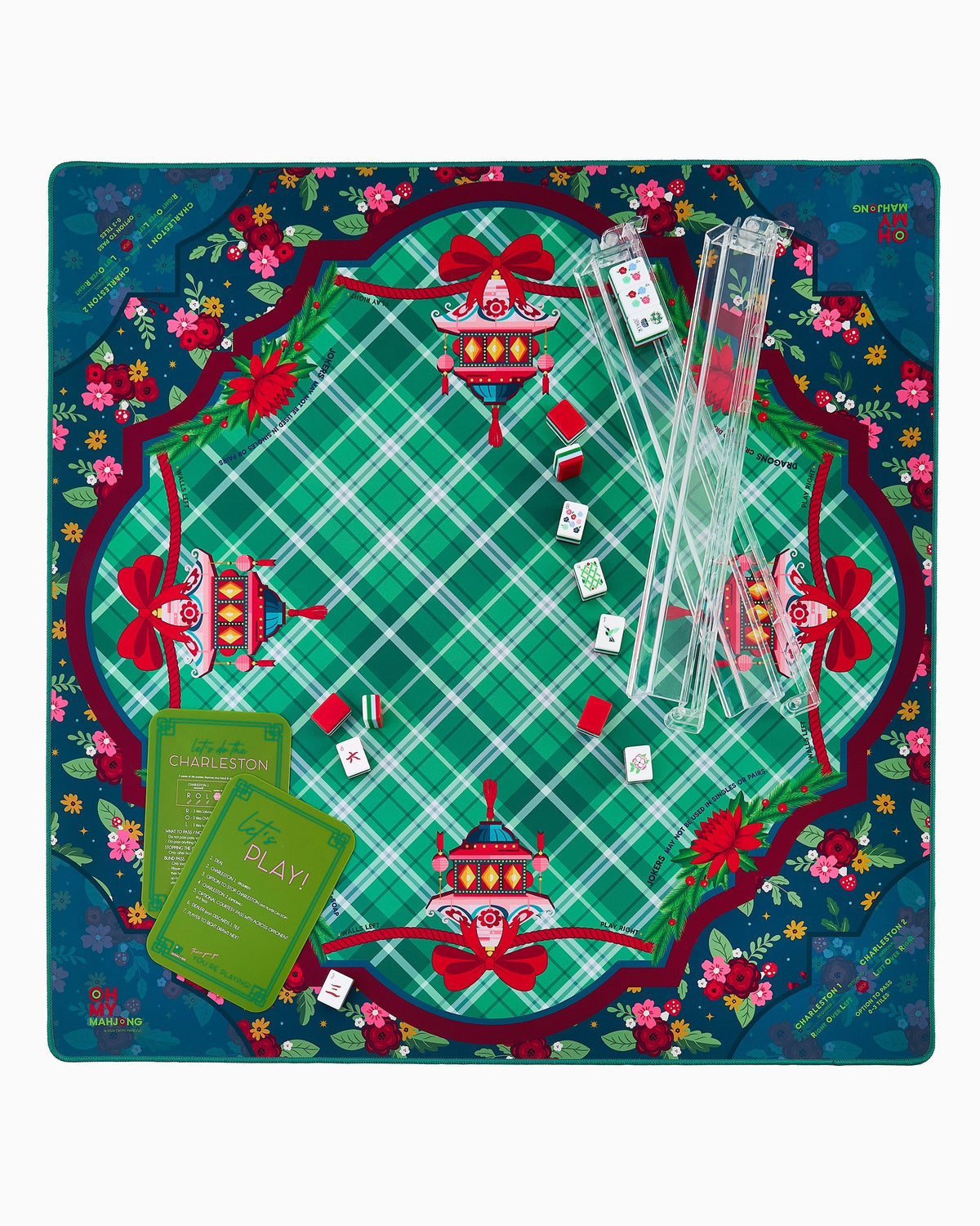 Yuletide mahjong mat set up with racks; tiles and racks sold separately