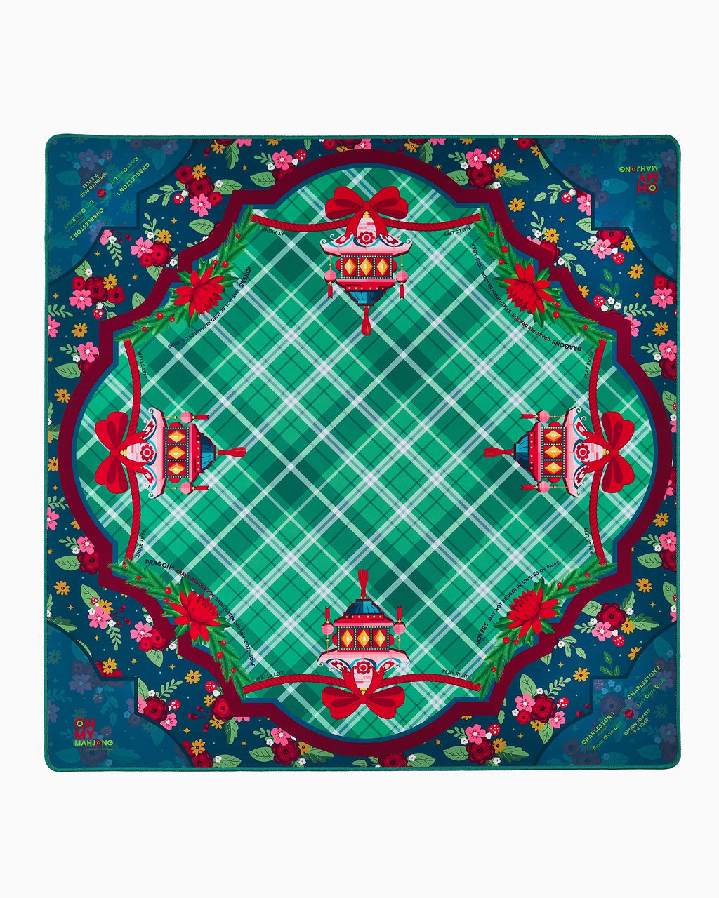 Oh My Mahjong Yuletide holiday mahjong mat laid flat, evergreen and red with a plaid center, lanterns, and bows